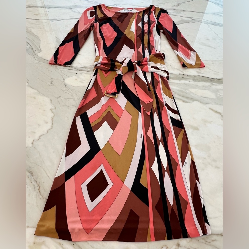 EMILIO PUCCI CORAL MULTI ICONIC PRINT MARILYN STYLE DRESS SIZE IT 40 / US 6